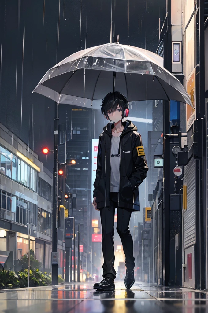 In the middle of the city, a sorrowful young man is walking around in the rain, wearing his headphones.