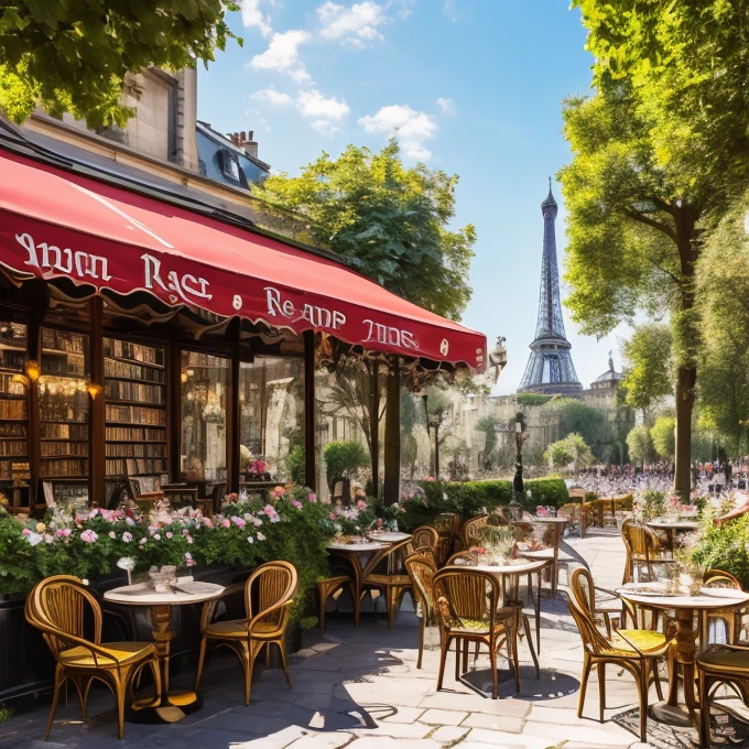 high quality,Realistic photoasterpiece, Vibrant street artists, French bakery offering fresh croissants, Stylish Parisian fashion, Beautiful boat cruise on the river, An elegant Parisian landmark, Breathtaking city views, Vibrant street market, Portrait painter, Narrow streets full of history and charm, The Magnificence of Notre Dame Cathedral, Street performer playing the accordion, Lively conversation at a local brasserie, Stylish Parisian architecture, An elegant bridge over the Seine, Vintage merry-go-round in the park, Sculptures and art installations in public spaces, A charming bookstore where you can enjoy books and coffee, View of an artist and his easel from Montmartre, Romantic sunset picnic by the river, The vibrant atmosphere of the Champs-Élysées, Cozy corner cafe with vibrant outdoor seating. (最high quality, High resolution, Very detailed), (Realistic, photoRealistic:1.37), Vibrant colors, Bright summer morning,Sparkling natural light.
