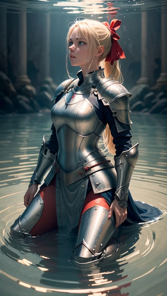 a female knight kneeling in shallow water, water ripples around her, arms raised with open hands, looking up, blonde hair in ponytail with red ribbon, blue eyes, detailed portrait, photorealistic, 8k, hyper detailed, intricate, elegant, cinematic lighting, dramatic, fantasy, epic, masterpiece