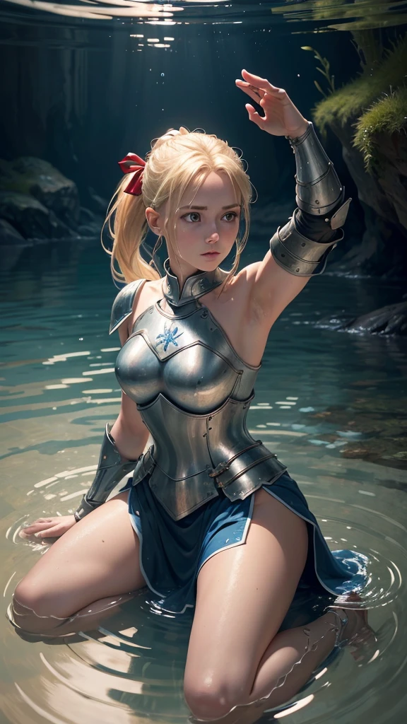 a female knight kneeling in shallow water, water ripples around her, arms raised with open hands, looking up, blonde hair in ponytail with red ribbon, blue eyes, detailed portrait, photorealistic, 8k, hyper detailed, intricate, elegant, cinematic lighting, dramatic, fantasy, epic, masterpiece
