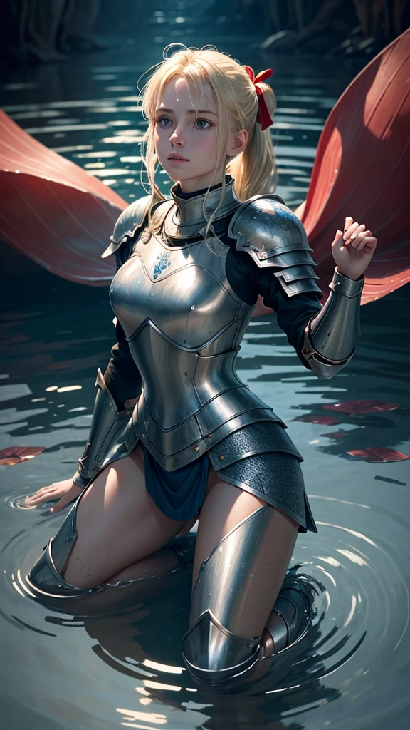 a female knight kneeling in shallow water, water ripples around her, arms raised with open hands, looking up, blonde hair in ponytail with red ribbon, blue eyes, detailed portrait, photorealistic, 8k, hyper detailed, intricate, elegant, cinematic lighting, dramatic, fantasy, epic, masterpiece