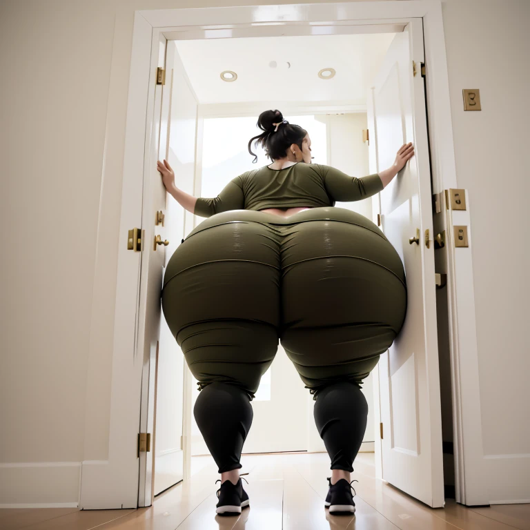 masterpiece, 1 Mexican girl behind a doorway, from behind, (doorstuck, stuckback:1.3), ssbbw ,huge wide hips, round belly, thick thighs, giant butt,colorful clothing, wearing a olive green pirate costume with pants, upset, desperately trying to wiggle through, she tries to free herself but she won't budge, she is stuck tight view from above, she is too wide, the doorway is quite narrow too, she kicks her legs furiously, trying to wiggle her hips through the small door, but its no good, the door is too small, she keeps trying to squeeze through with frustration, she is stuck too tight