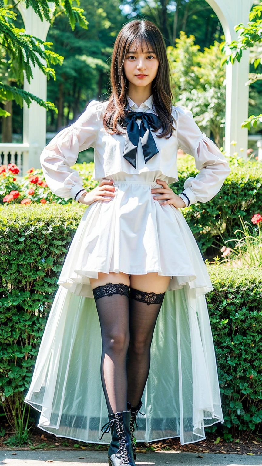 (8k、RAW Photos、Highest quality、masterpiece:1.2)、(Realistic、Realistic)、1 girl、((White Mini Skirt、Black dress、See-through、Frilledium Hair、Pretty Cure Costume、See through、tights、ribbon、boots、Accentuate your breasts、whole body、garden、View from the front、Looking into the camera、Stand with hands on hips))、