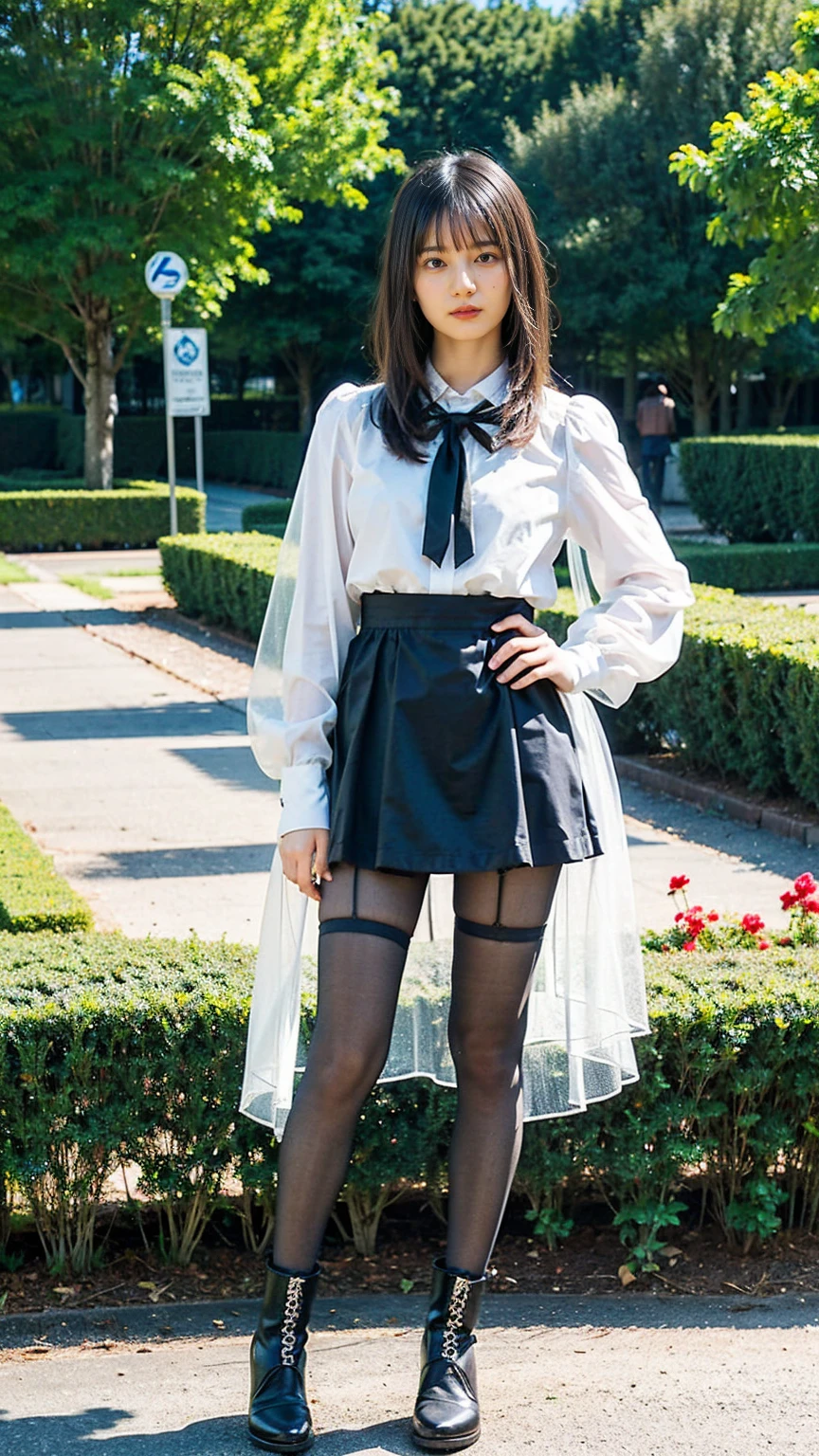 (8k、RAW Photos、Highest quality、masterpiece:1.2)、(Realistic、Realistic)、1 girl、((White Mini Skirt、Black dress、See-through、Frilledium Hair、Pretty Cure Costume、See through、tights、ribbon、boots、Accentuate your breasts、whole body、garden、View from the front、Looking into the camera、Stand with hands on hips))、