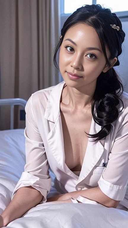 (((toppless)))、(((Nurse)))、opening legs widely、Angel in White、white stockings、(((small breasts)))、Nurse Costume、(((Caressing you )))、((())), (((hospitals))). (((Lean forward to look into the viewer)))、(((No bra)))、((()))、(8K、top-quality、masterpiece:1.2)、(reallistic、Photorealsitic:1.2)、 Phenomenal Beautiful Girl、24 year old、(((Neat and clean hairstyle)))、(((No Underwear)))、Health checkup in the hospital room、leaning forward on bed、watching at viewers、(Lying in bed:1.5)、(((Beautiful lab coat)))、Chest that looks like it's going to burst、Fine and beautiful eyes、)、(Dark hair:1)、(Mature:1.1)、white stockings, A dark-haired, bblurry, blurry backround, life-like, length hair, s lips, Brown-eyed, Onepiece, masterpiece, top-quality, ultra-detailliert、Inviting eyes、