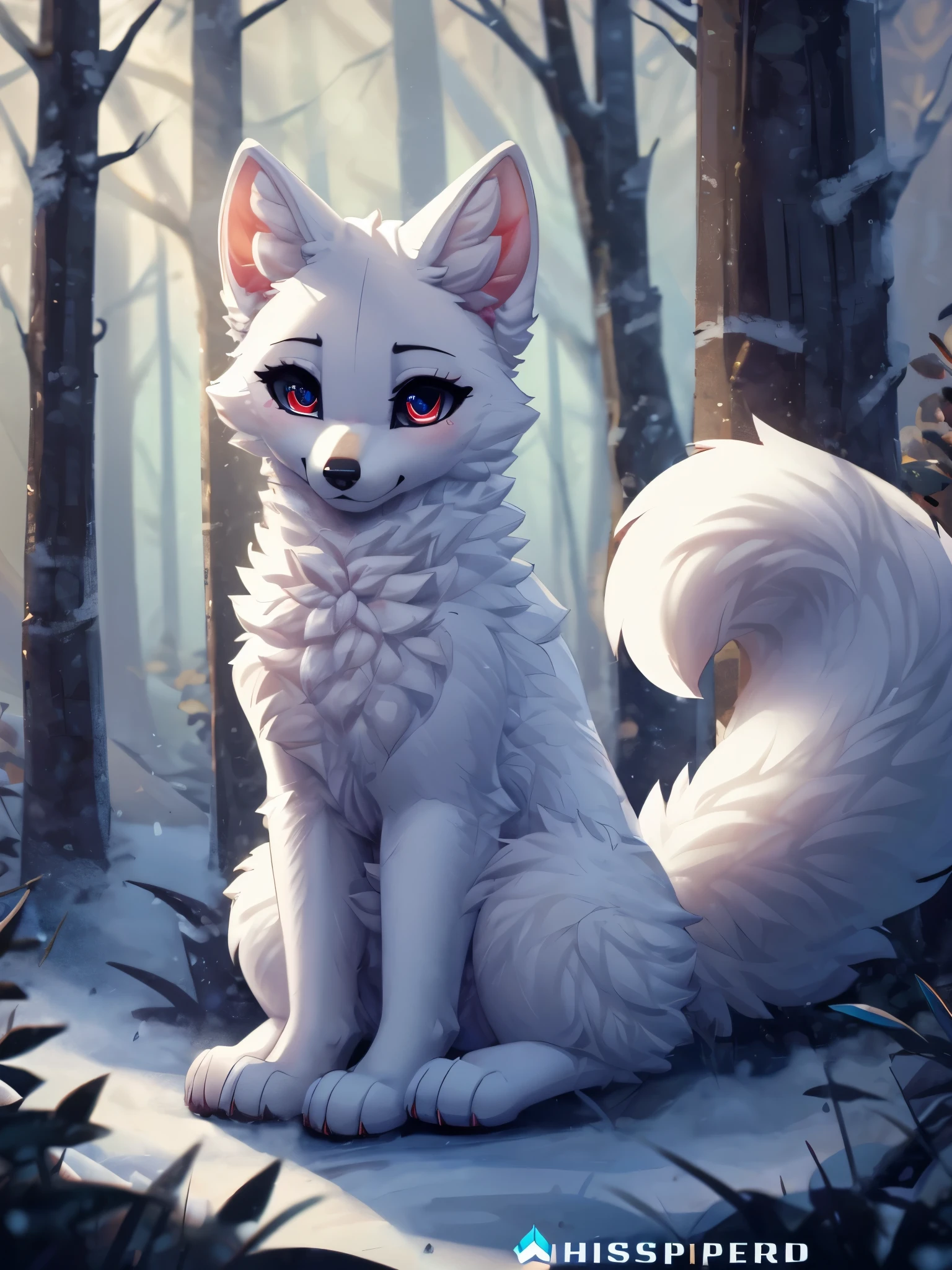 Solo, Cinematic, Arctic fox, white fur, female, feral, long fluffy tail, dominant, sitting, forest background, extremely detailed, beautiful and detailed dilated eyes, black eyes, full body, ((By WhisperFood))
