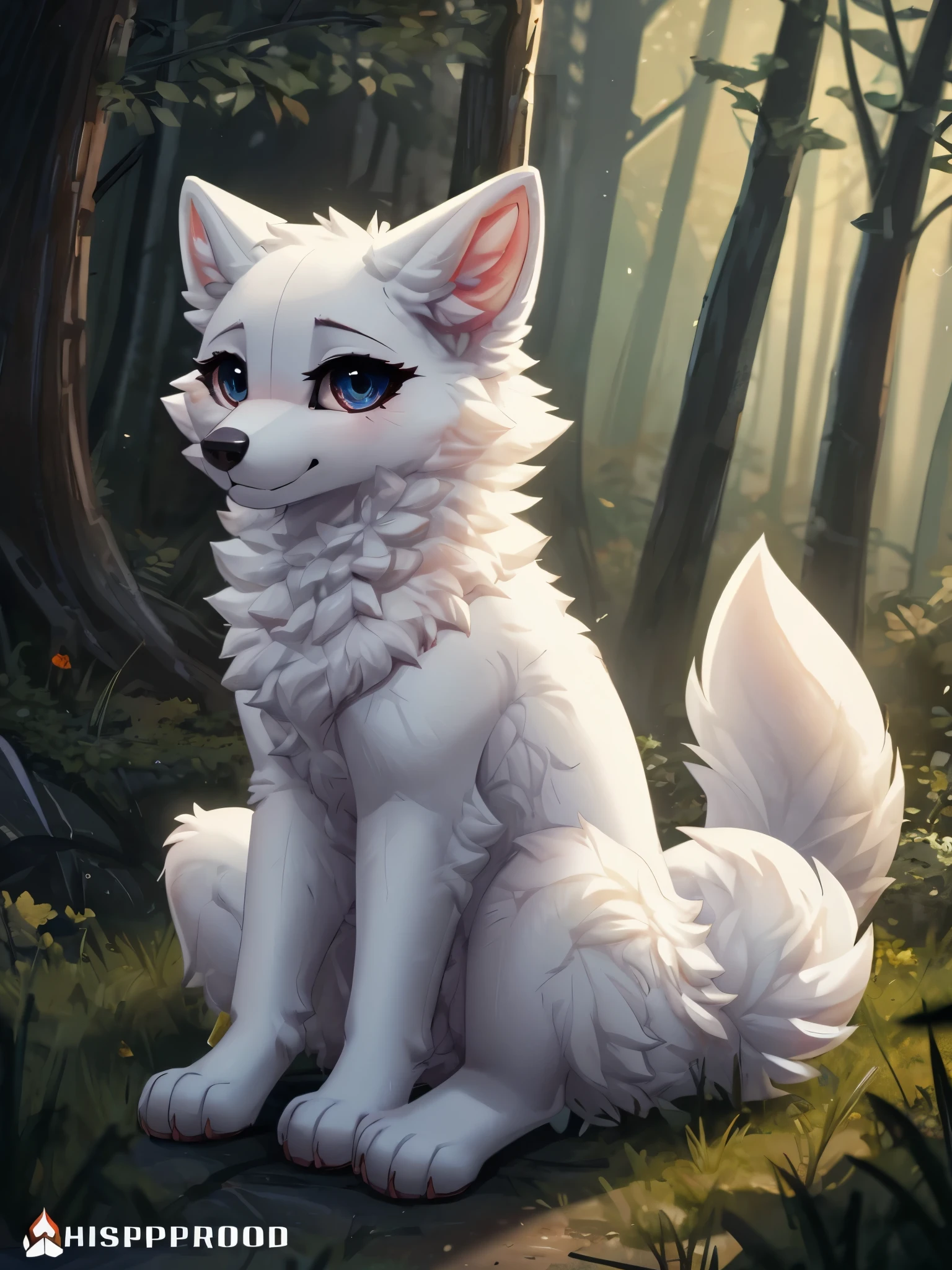 Solo, Cinematic, Arctic fox, white fur, female, feral, long fluffy tail, dominant, sitting, forest background, extremely detailed, beautiful and detailed dilated eyes, black eyes, full body, ((By WhisperFood))
