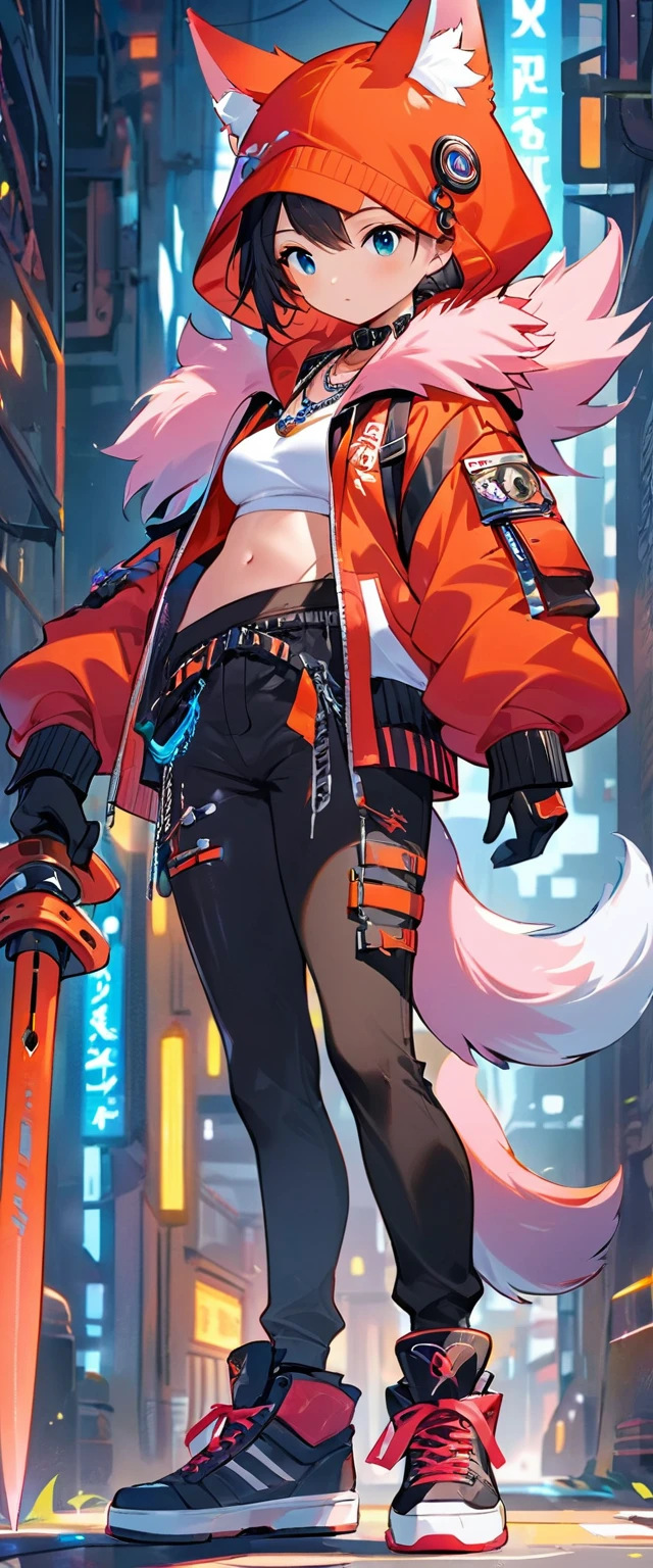 Oh, league of legend, sexy for, wallpapers, detailed eyes, fox ear, (fox tails), a skirt, (long pink fur), medium breasts, Looking at_Shown in_Looking atl espectador, short_hair, gloves, belly button, fail, blue_there are eyes, Eternal, full_body, weapon, Footwear, necklaces, negro_gloves, pulp, hooded, hair_overcome_Yoon_there are eyes, Cultivator_above, hoodie, negro_pants, sneakers, Cut_jacket, cyber punk character, Cut_hoodie