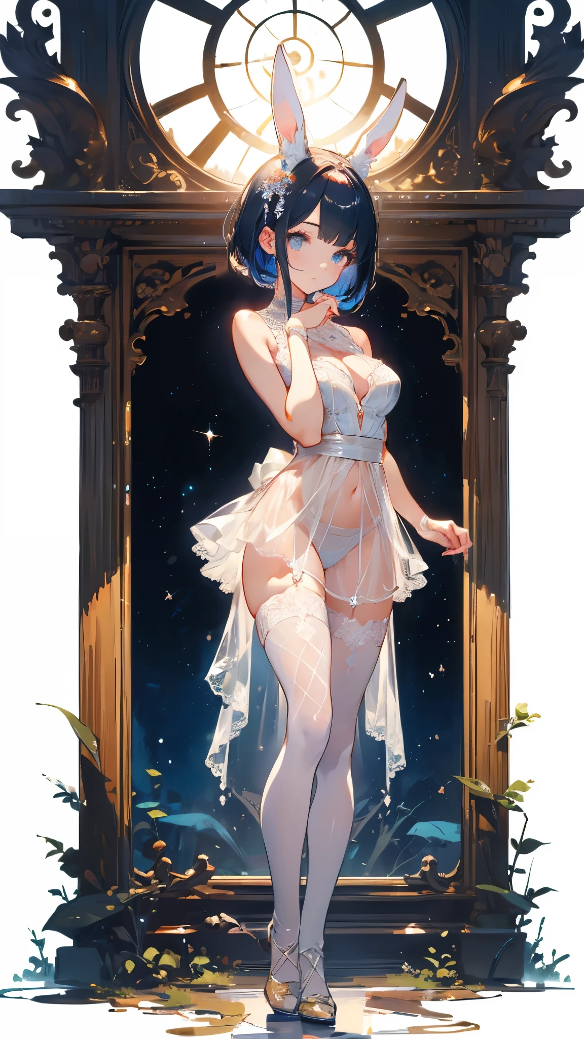 ((masterpiece, best quality)), Delicate face,Bunny Girl,whole body,Standing picture,Perfect body proportions,short hair,beautiful eyes,Fantasy style,White background,transparent,Lace,NUDE,Charm,Fishnet stockings