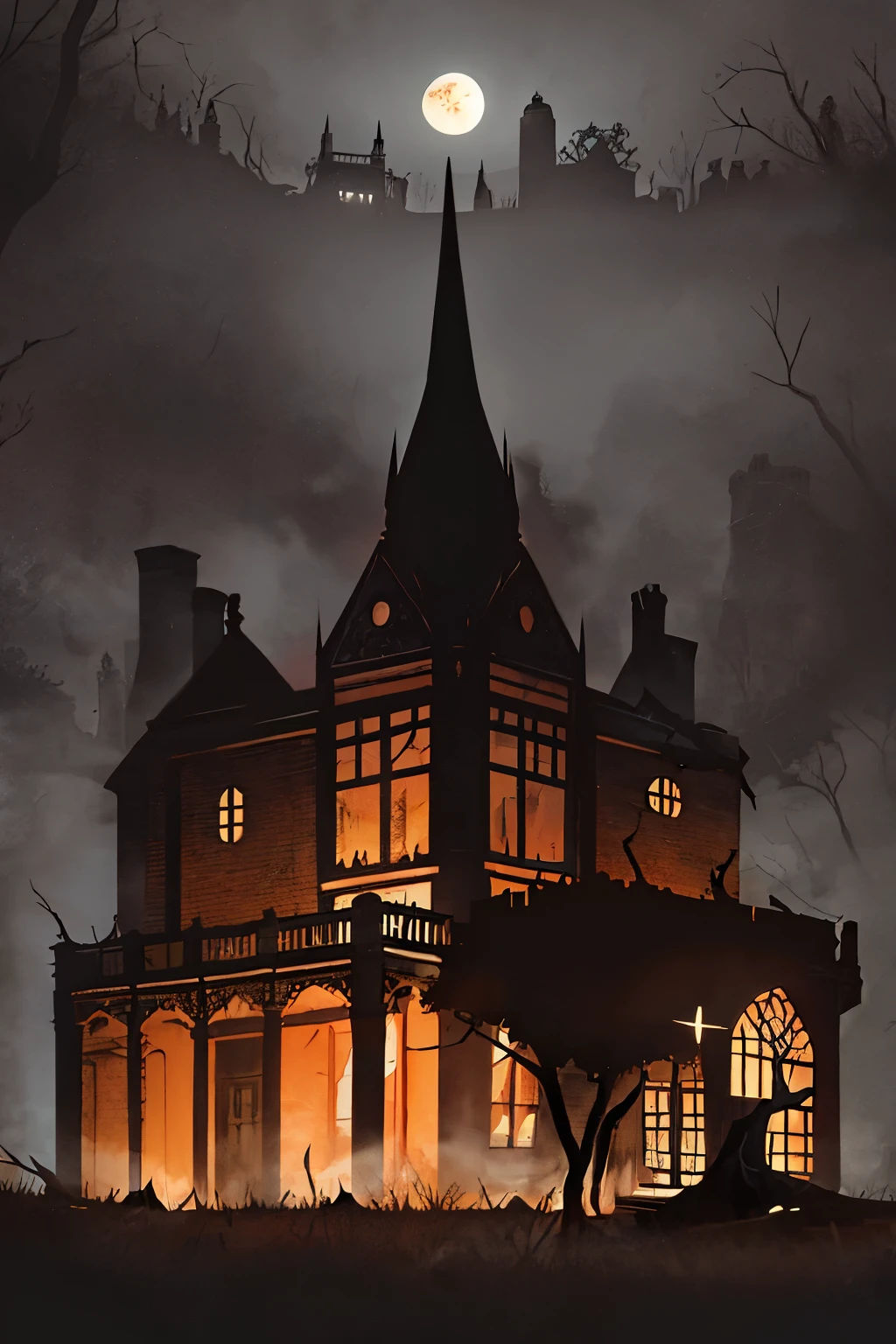 In the heart of darkness, a chilling masterpiece emerges as the cover for an unsettling horror novel. The central motif is a dilapidated Victorian mansion, its silhouette stark against a crimson sunset sky. The once-lustrous windows of the mansion glow with an unnatural green light, their reflections casting eerie shapes upon the surrounding mist that clings to the mansion's crumbling walls. A gnarled dead tree, its limbs twisted and broken, frames the macabre scene. The tree's branches host a worn birdcage, containing a human skull with glowing, bloodshot eyes. Crows, their own eyes alight with malev