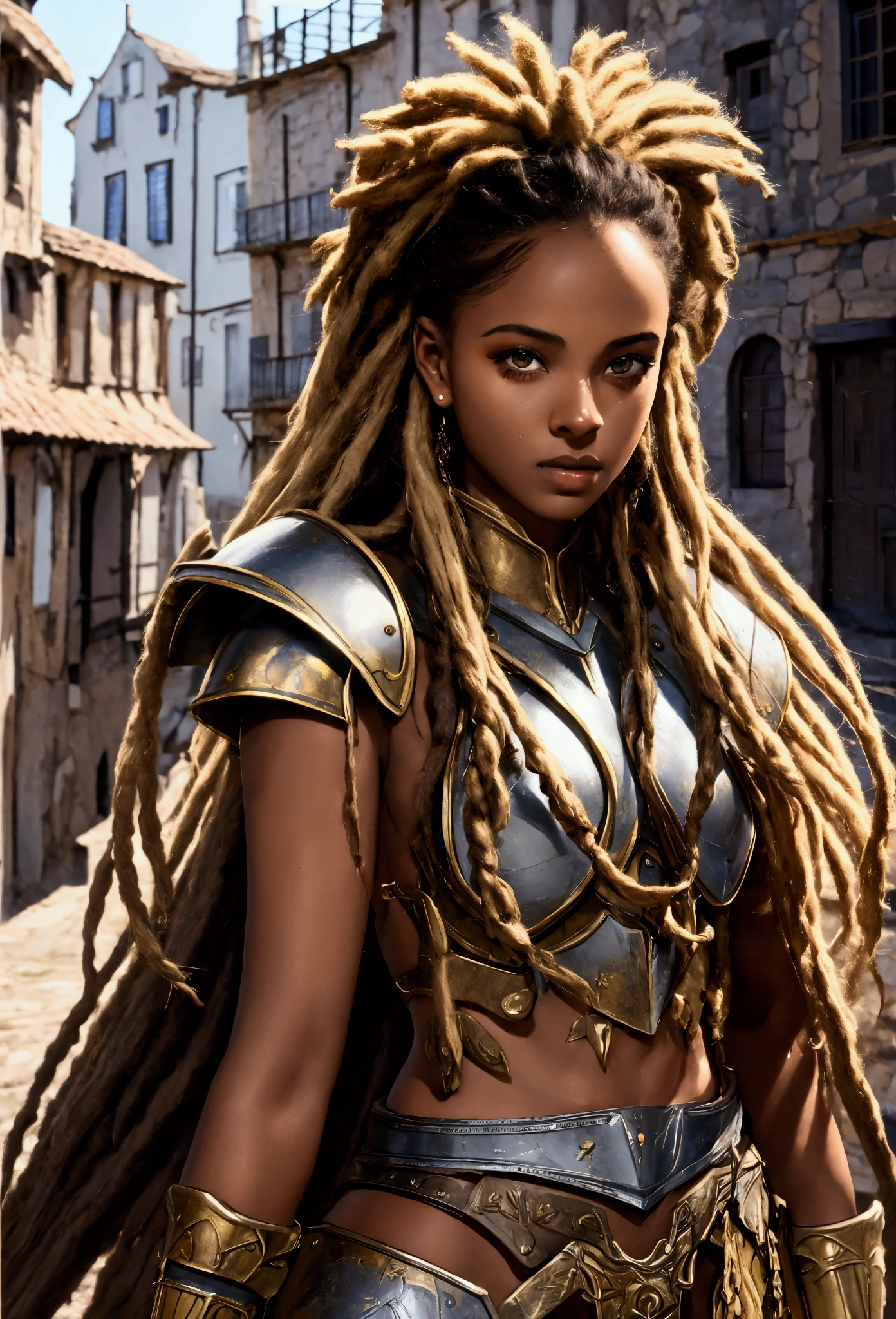 18 year old brown female、Beauty、Blonde、Blonde、Warrior in armor、Completely naked、Dreadlocks、background　Medieval port town、High quality p、Upper Body