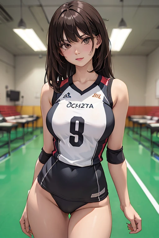 Masterpiece, Ultra quality, good lighting, shadows, perfect anatomy, posing, 1 girl, 21 years, mature girl, volleyball player, cute face, beautiful body, black long hair, black eyes, seductive eyes, volleyball uniform, background room, rear, breasts, Thighs, seductive, hot, spicy, NSFW, straps,