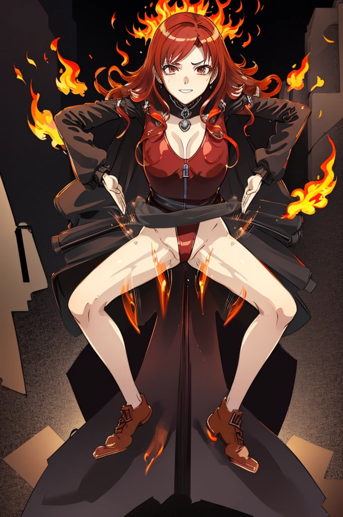 1 person、Hot Ghost Biker with Curly Red Hair、((Spread your legs wide:1.4))、Desperate Face、((Flame-filled hands))、((Exploding building)), Afterimage、Detailed special effects、Daytime、Dynamic Production、Artistic Flame、detailed and beautiful background、(Intense movement),