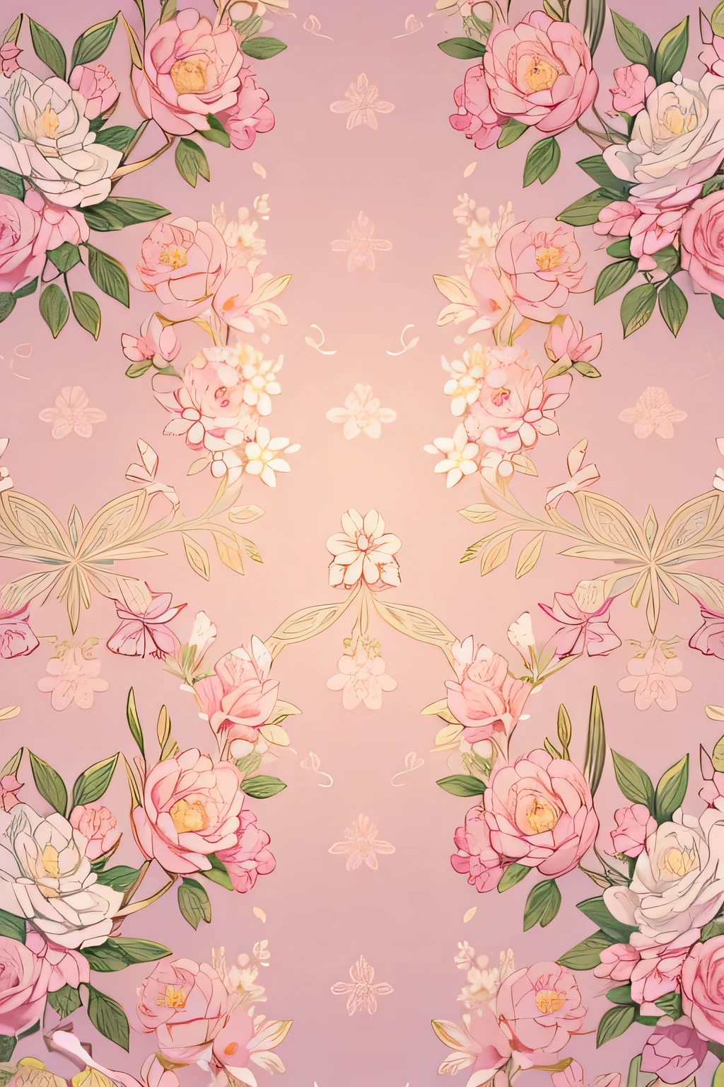 a preppy pink wallpaper with floral patterns, gold accents, pastel colors, high quality, intricate details, seamless repeating pattern, lush and elegant, soft and feminine