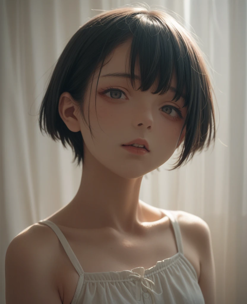 A single girl with short kemono and short black hair reaches her neck with submissive look and clumsy nature