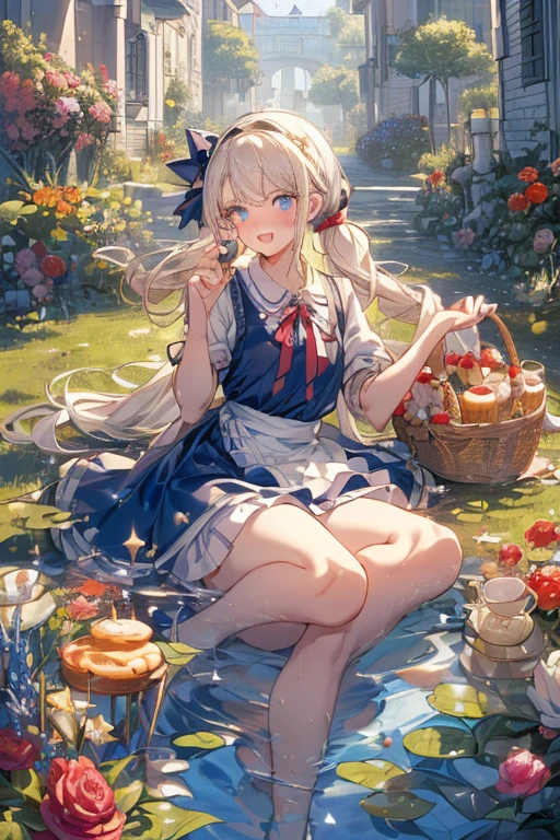 (perky chest:1.2), (pointed chest:1.2),(((Black Tunic:1.3))),(((cakes and bread in the basket),Cute and beautiful girl,Cute round face,Cute smile,with blush cheeks,Red Lip,a girl 22 years old, nsfw:1.2, beautiful body:1.3), shinny skin, BREAK, ((alice in the wonderland:1.3, cute, kawaii, lovely, funny, a girl falling down from sky:1.3, girl flying in sky:1.2, girl floating in air:1.3, rolling upskirt by wind:1.5, (with sparkling eyes and a contagious smile),open mouth, Looking at Viewer, surprised, putting hands on crotch over the skirts:1.35)), BREAK, ((floating things as follows:1.3, PlayingCards, Trump, tea cup, tea pot, tea spoons, pocket watch:1.3, lip sticks, candies:1.2, cookies, jam bottles, classical door_keys)), ((long purply_Blue dress :1.5, wearing long flaired skirt:1.3, the skirt is blowing:1.3, cute White Apron, black stockingedium long platinum-blonde hair:1.2, twin tail hair:1.6, tied hair with a large ribbon), (Blue eyes, bright pupils with highlights, detailed eyes), (lying down on your back:0.7, spreading legs with rising up straight:0.7), sexy posture, fantastic colorful art, (fantasy art:1.2, wondered images), ((correct anatomy:1.5, perfect anatomy:1.3, correct hand, small foot:1.2)), 