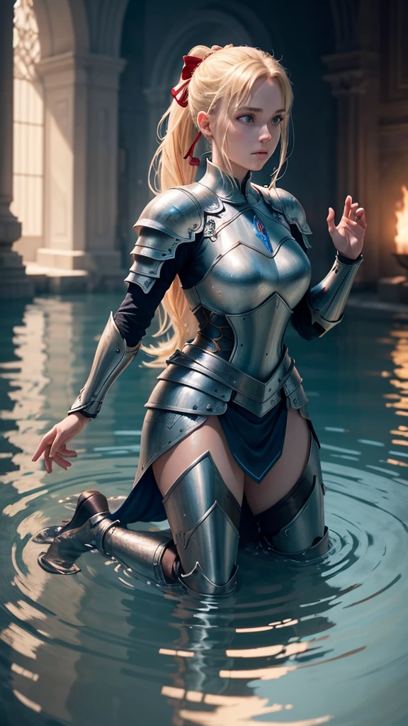 a female knight kneeling in shallow water, water ripples around her, arms raised with open hands, looking up, blonde hair in ponytail with red ribbon, blue eyes, detailed portrait, photorealistic, 8k, hyper detailed, intricate, elegant, cinematic lighting, dramatic, fantasy, epic, masterpiece