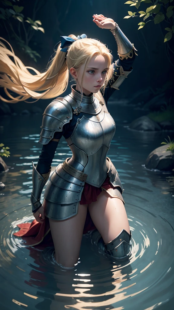 a female knight kneeling in shallow water, water ripples around her, arms raised with open hands, looking up, blonde hair in ponytail with red ribbon, blue eyes, detailed portrait, photorealistic, 8k, hyper detailed, intricate, elegant, cinematic lighting, dramatic, fantasy, epic, masterpiece