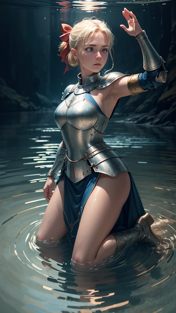 a female knight kneeling in shallow water, water ripples around her, arms raised with open hands, looking up, blonde hair in ponytail with red ribbon, blue eyes, detailed portrait, photorealistic, 8k, hyper detailed, intricate, elegant, cinematic lighting, dramatic, fantasy, epic, masterpiece