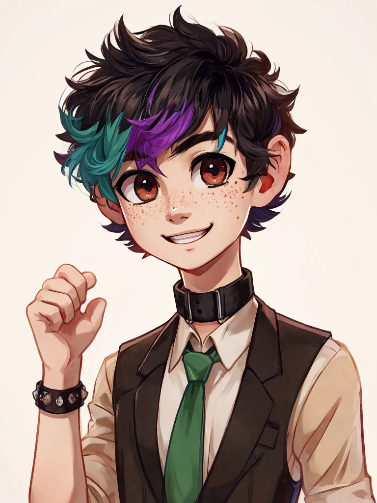 One early 20's androgynous men,black,light skin,(black short curly hair),(curly hair),pixie cut,shaved hair on the sides,colored highlights,blue green red and purple highlights,one young man, (cute),freckles,dark brown eyes,cute pose, excited pose,dynamic pose,smiling,chocker necklace,emo boy,cartoon,2d,wearing a brown vest with a dinosaur fossils print over a beige shirt with tailored brown pants and a moss green tie,mature adult,(solo),guyliner,eyeliner, cute,face focus