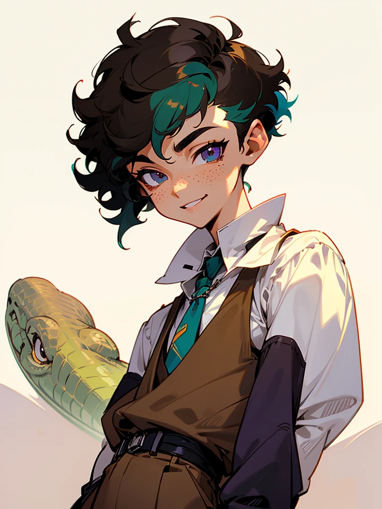 One early 20's androgynous men,black,light skin,(black short curly hair),(curly hair),pixie cut,shaved hair on the sides,colored highlights,blue green red and purple highlights,one young man, (cute),freckles,dark brown eyes,cute pose, excited pose,dynamic pose,smiling,chocker necklace,emo boy,cartoon,2d,wearing a brown vest with a dinosaur fossils print over a beige shirt with tailored brown pants and a moss green tie,mature adult,(solo),guyliner,eyeliner, cute,face focus