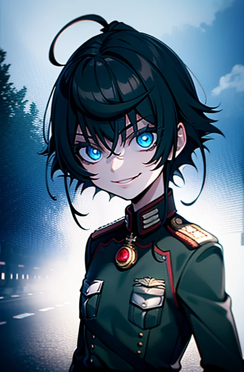 Degurechaff, military uniform, smile, , blue eyes, psychotic eyes, detailed face, vibrant colors, sharp focus, intense lighting, surrealistic atmosphere, wartime setting, magical elements