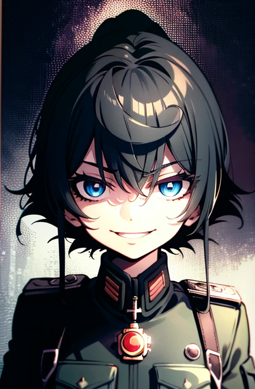 Degurechaff, military uniform, smile, teen, blue eyes, psychotic eyes, detailed face, vibrant colors, sharp focus, intense lighting, surrealistic atmosphere, wartime setting, magical elements