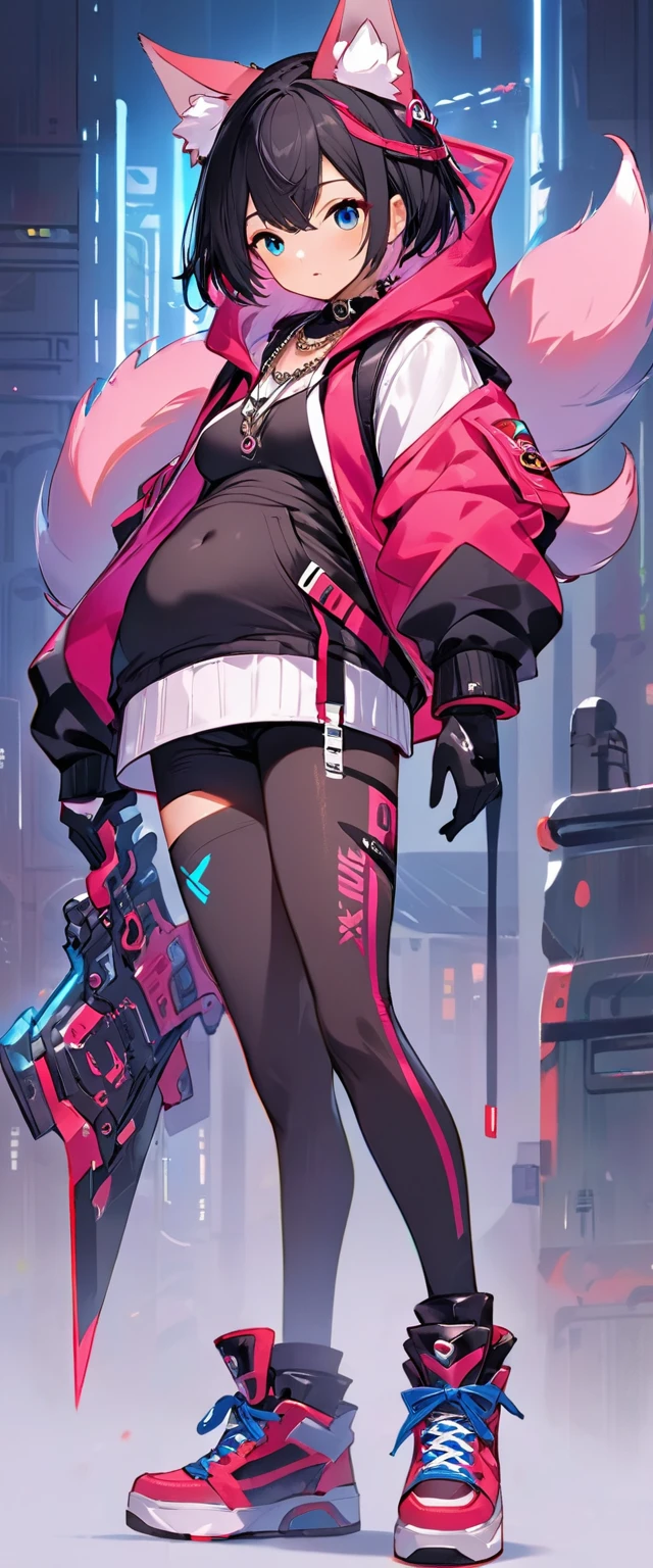 Oh, league of legend, sexy for, wallpapers, detailed eyes, fox ear, (fox tails), a skirt, (long pink fur), medium breasts, Looking at_Shown in_Looking atl espectador, short_hair, gloves, belly button, fail, blue_there are eyes, Eternal, full_body, weapon, Footwear, necklaces, negro_gloves, pulp, hooded, hair_overcome_Yoon_there are eyes, Cultivator_above, hoodie, negro_pants, sneakers, Cut_jacket, cyber punk character, Cut_hoodie