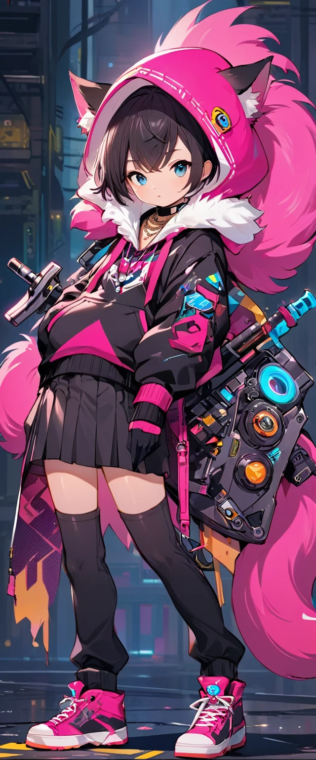 Oh, league of legend, sexy for, wallpapers, detailed eyes, fox ear, (fox tails), a skirt, (long pink fur), medium breasts, Looking at_Shown in_Looking atl espectador, short_hair, gloves, belly button, fail, blue_there are eyes, Eternal, full_body, weapon, Footwear, necklaces, negro_gloves, pulp, hooded, hair_overcome_Yoon_there are eyes, Cultivator_above, hoodie, negro_pants, sneakers, Cut_jacket, cyber punk character, Cut_hoodie