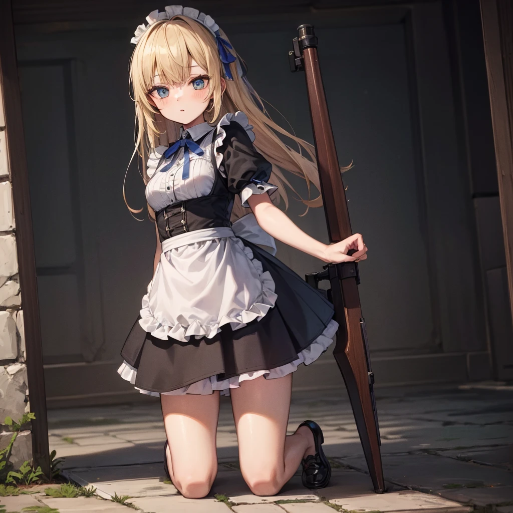 ((Highest quality)), ((Ultra-high resolution)), ((masterpiece)), (detailed), (Perfect Face), (detailedなイラスト), (Perfect Eyes), (detailedな目)girl, cute, (Blonde, Small breasts, Black Dress, White apron, Blue ribbon, Gothic maid outfit, Long), Sniper from the top of the castle walls, sniper rifle, Castle Defense, Looking through the scope, ready to shoot, Kneeling, whole body, Side angle, Use a low wall, 