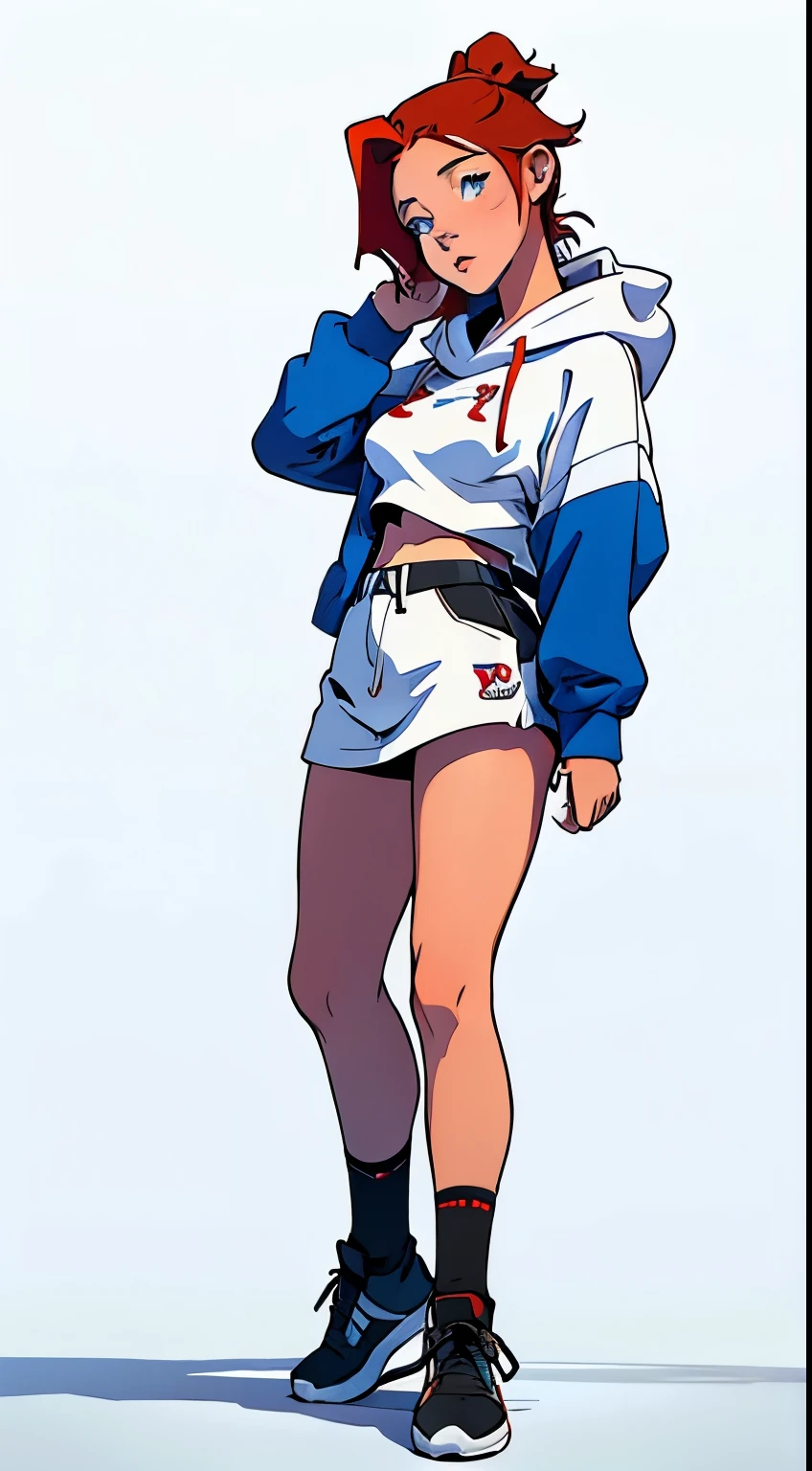 masterpiece, best quality, full body,1girl, highest image quality, 21-year-old woman, looks like Olivia Dunne, bright red hair, blue eyes, wearing a white hoodie and thigh-high black socks, sad, large breasts, White background, empty background