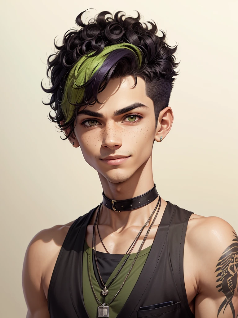One early 20's androgynous men,black,light skin,(black short curly hair),(curly hair),pixie cut,shaved hair on the sides,colored highlights,blue green red and purple highlights,one young man, (cute),freckles,dark brown eyes,cute pose, excited pose,dynamic pose,smiling,chocker necklace,emo boy,cartoon,2d,wearing a brown vest with a dinosaur fossils print over a beige shirt with tailored brown pants and a moss green tie,mature adult,(solo),guyliner,eyeliner, cute,face focus