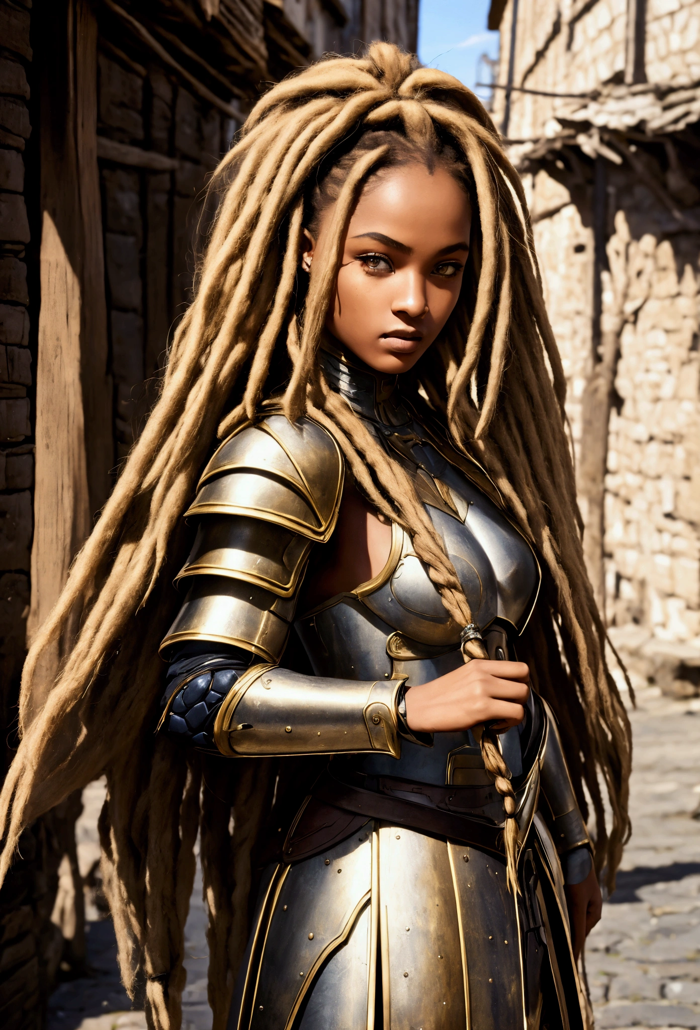 18 year old brown female、Beauty、Blonde、Blonde、Warrior in armor、Completely naked、Dreadlocks、background　Medieval port town、High quality p