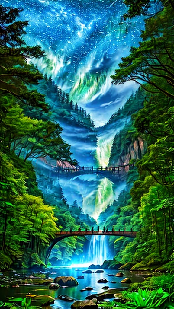 A serene landscape featuring a lush green forest with a sparkling river flowing through it. In the center stands an ancient, majestic tree with glowing leaves. The sky above is filled with twinkling stars and a crescent moon, casting a magical light over the scene."