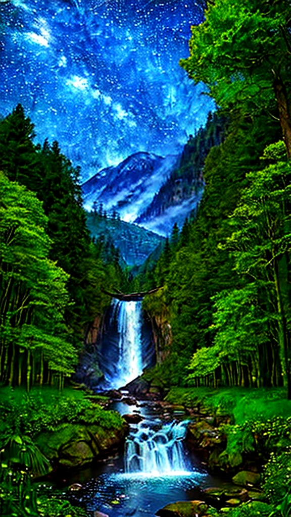 A serene landscape featuring a lush green forest with a sparkling river flowing through it. In the center stands an ancient, majestic tree with glowing leaves. The sky above is filled with twinkling stars and a crescent moon, casting a magical light over the scene."