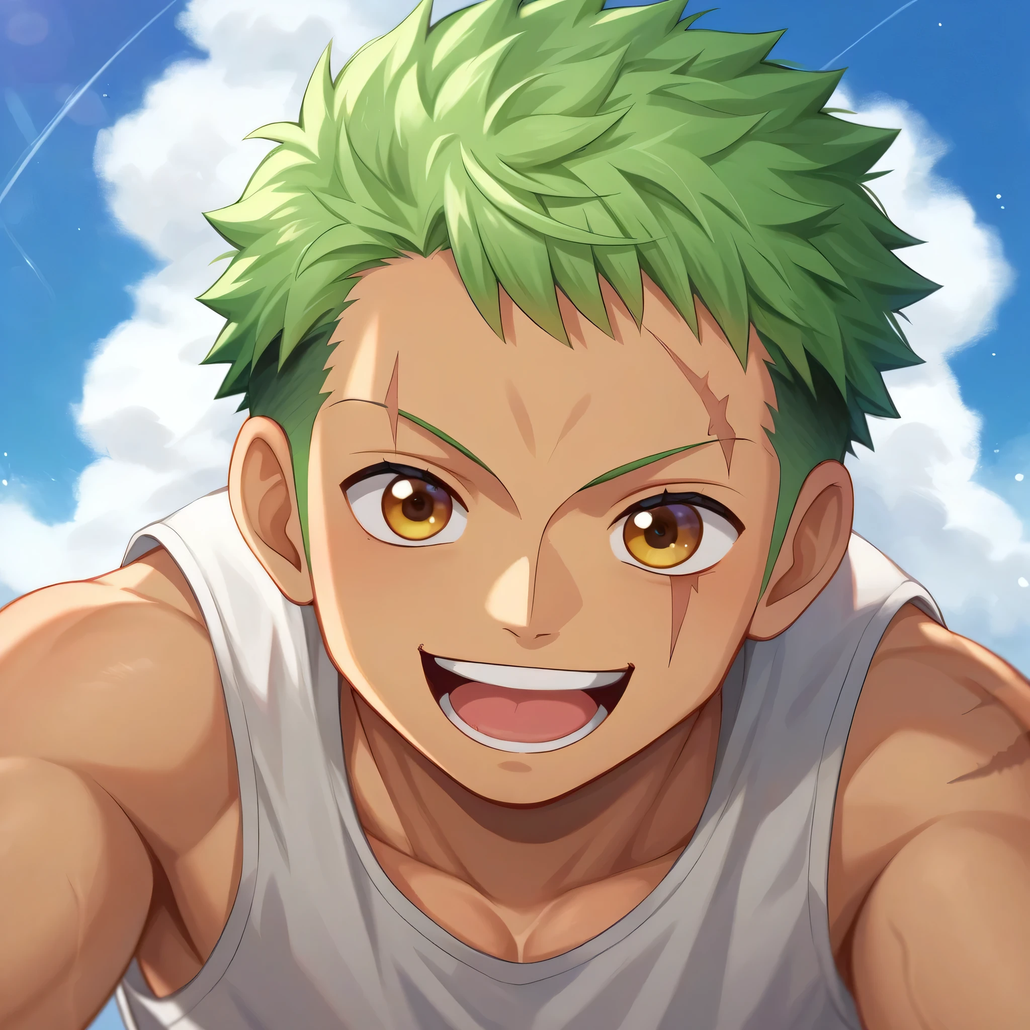 score_9, score_8_up, score_7_up, source_anime, 1boy, one piece, zoro, green hair, scar over left eye, 10 year old zoro, ???, young, , funny, cute, one person only PIC , selfi, profile pic, front view, zoro as ??? version, he is smiling funny look, happy boy, front view mode, mouth open laughing, no ornnament in body, so cute.. He is playing video game, he is wearing a t shirt named "zen zoro ",