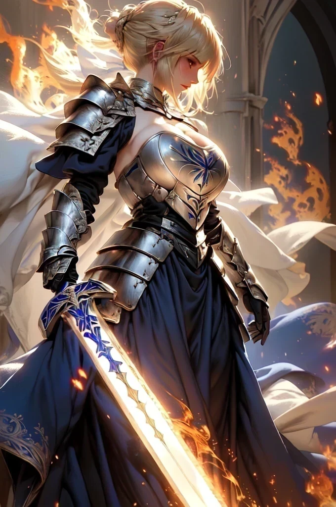 ultra realistic 8k cg, Artoria Pendragon, Saber Fate Stay Night, blonde hair, shiny silver full armor, heavy armor with huge neckline, very detailed engraved shiny silver armor, very large and long blue dress, extremly long and floating skirt, victorian dress covering the legs, royale long skirt in high quality fabric, holding a huge flame great sword, dark fantasy