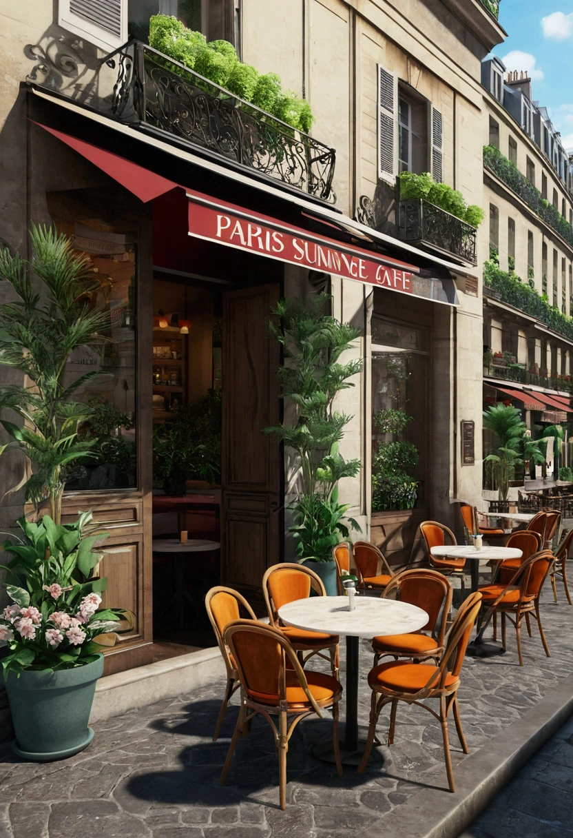 Paris cafe, Ultra-realistic, street, drinks on table, Chair, Potted plants  