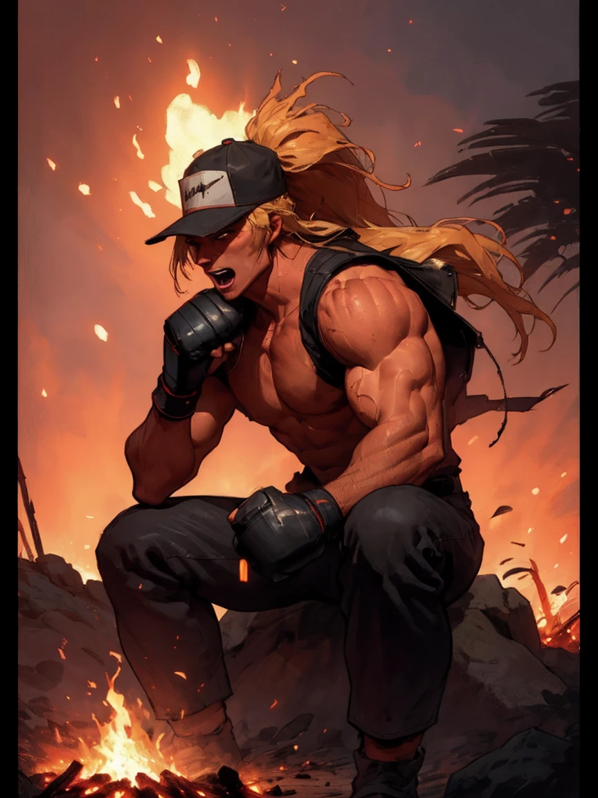 fire, explosion, sunset, flame, muscular, burning, palm tree, torch, orange sky, blonde hair, gloves, ponytail, pyrokinesis, molten rock, breathing fire, fingerless gloves, embers, campfire, tree, hat, dougi, clenched hand, 1boy, evening, punching, male focus, clenched hands, manly, long hair, fireplace, baseball cap, gradient sky, abs, twilight, firing, red sky, leaf, biceps, open mouth, fighting stance, dusk, flaming weapon