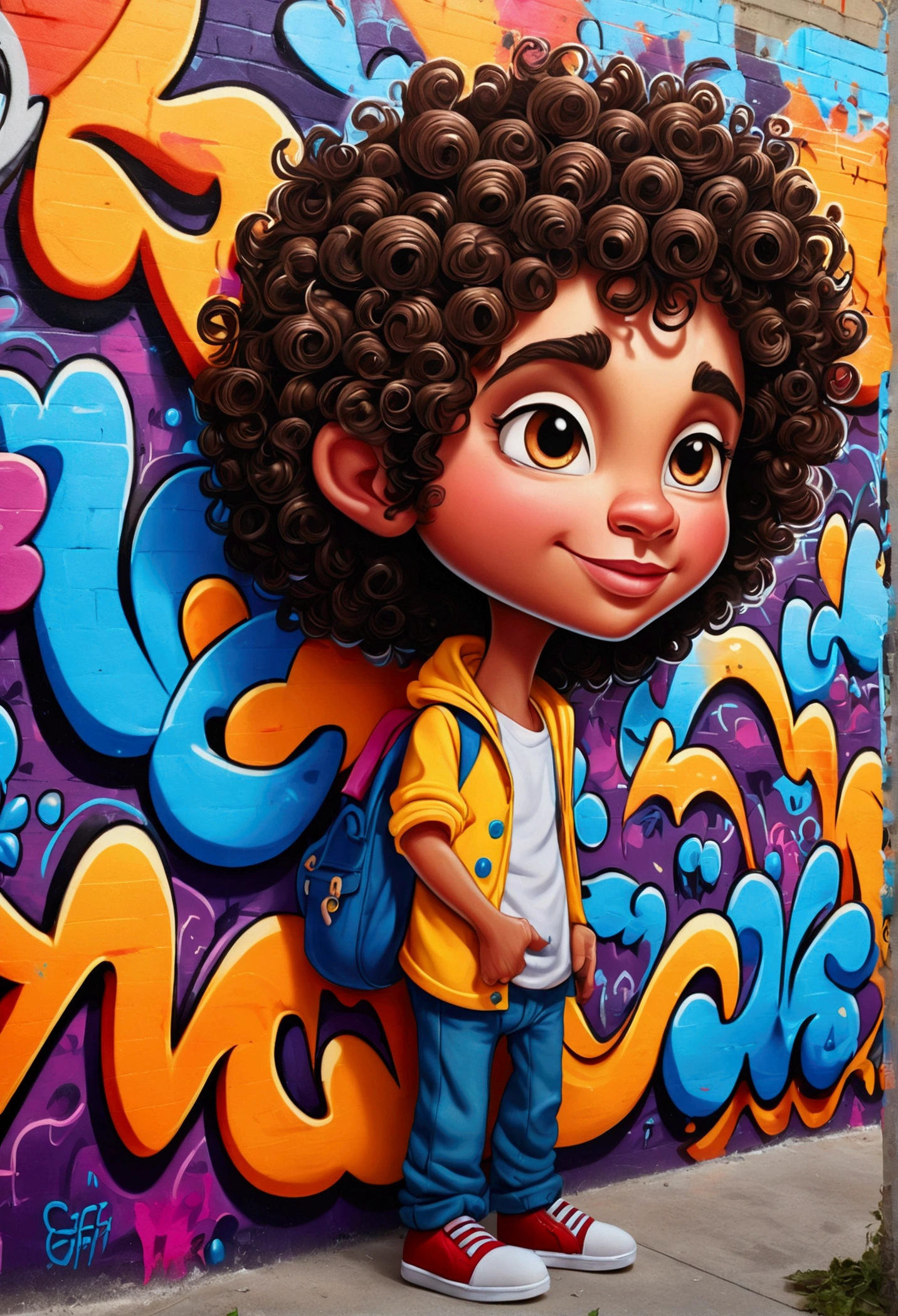 Cartoon , similar to a Disney prince, with dark brown hair, curly, super cute, colorful drawing (((graffiti art) (by Karen Griffith))), crazy detail, intricate detail, super detail, cinematic soft lighting, exposure blend, HDR 8k, saturated colors in the foreground. Butts.