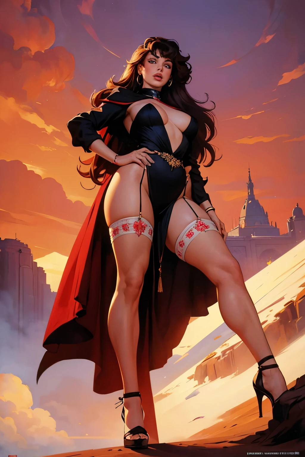 Kelly LEBROCK dressed full-length from the movie "Oh That Science 1985", art by Vasily Vereshchagin, View of the girl from below, Kelly's gaze looks down