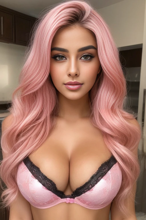 a closeup of a woman wearing a pink and black plaid bra, half pink, clear portrait of half pink, angelablanca, Looks realistic, portrait half pink, portrait of half pink, Taweel-tanned Ameera, Violet Myers, extremely realistic and real, sweet ultra-realistic bunny, very tasty, seductive lady, barbie doll in panties and bra