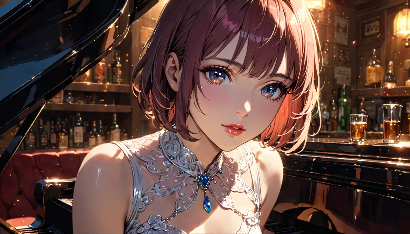 Beautiful woman singing in an Irish pub、She is leaning against a grand piano and singing in a sexy dress.、Short hair、A Ghibli-like touch,detailed portrait, beautiful detailed eyes, beautiful detailed lips, extremely detailed eyes and face, long eyelashes, chiaroscuro lighting, dramatic lighting, warm color palette, high quality, 8k, photorealistic, masterpiece, cinematic, dramatic