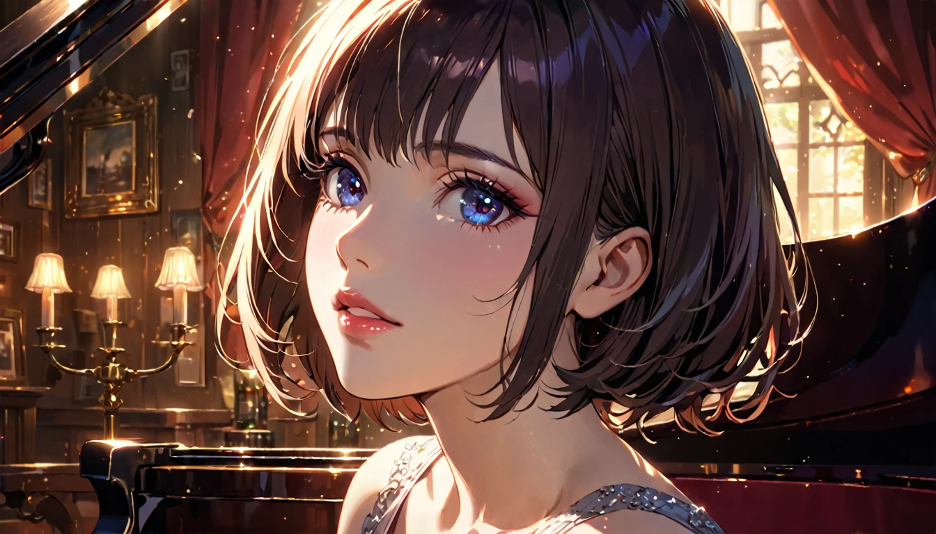 Beautiful woman singing in an Irish pub、She is leaning against a grand piano and singing in a sexy dress.、Short hair、A Ghibli-like touch,detailed portrait, beautiful detailed eyes, beautiful detailed lips, extremely detailed eyes and face, long eyelashes, chiaroscuro lighting, dramatic lighting, warm color palette, high quality, 8k, photorealistic, masterpiece, cinematic, dramatic