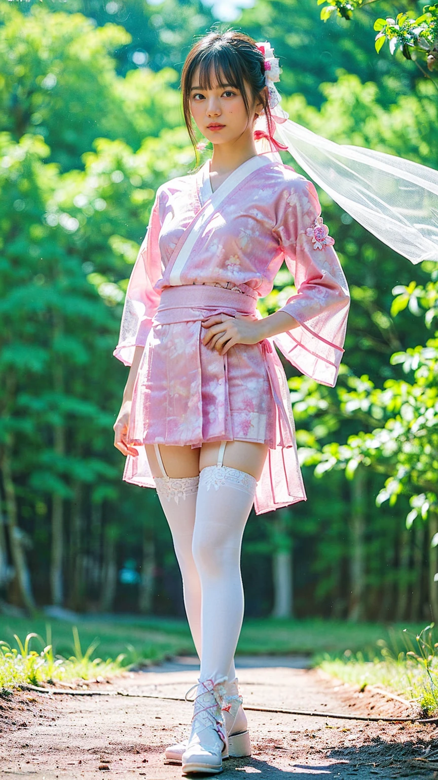 (8k、RAW Photos、Highest quality、masterpiece:1.2)、(Realistic、Realistic)、1 girl、((Pink Yukata、White ee-through、Frilledium Hair、Pretty Cure Costume、See through、tights、ribbon、boots、Accentuate your breasts、whole body、garden、View from the front、Looking into the camera、Stand with hands on hips))、