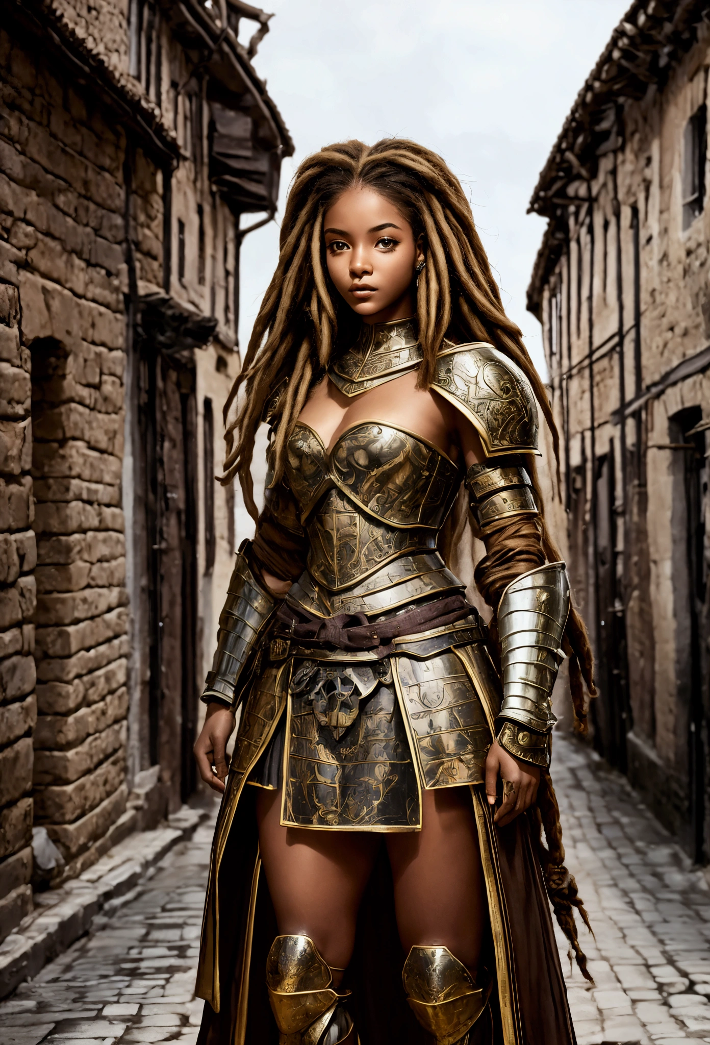 18 year old brown female、Beauty、Blonde、Blonde、Warrior in armor、Completely naked、Dreadlocks、background　Medieval port town、High quality p