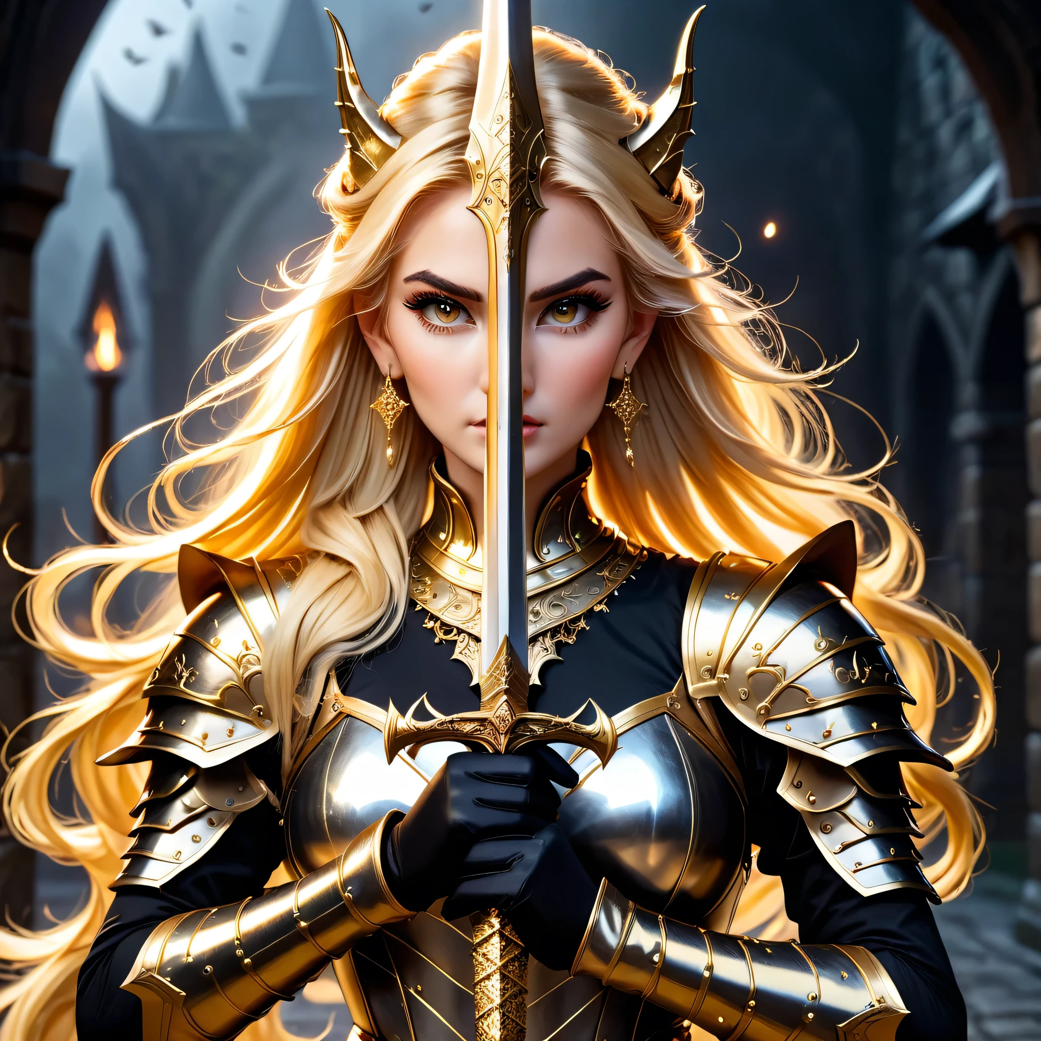 Beautiful Blonde Girl and with Long Golden Sharped Sword with a Beautiful Blonde Long Ponytail Hair wearing the Helm of Malenia and wearing a Witch Chestplate Armor with Jewelry Earrings with gloves with Makeup with the Best Quality with High Details with Textured Skin as a Masterpiece in a High Resolution in 8K Quality, proud pose with long golden sharped sword with her two hands showing her hands, fierce expression, swordup with Darkness Background