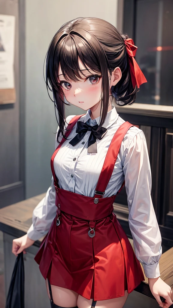 best qualityer, ame-chan, work of art, 1 girl, standing alone, breasts small, cowboy shot, suspenders, red shirts, black ribbon