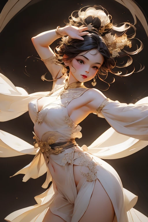 masterpiece, high quality, 4K, Beautiful design, (from the front, Whole body),Award-winning photo, Very detailed, wonderful, The finer details, absurdes, Very detailed woman, (small breasts:1.8),Very detailed eyes and face,(A woman dancing belly dance),alone,Woman in her 30s, Shiny, Shining fabric, (Encrusted with jewels), Abdomen is visible ,(In an Arabian palace),(In a large crowd),Beautiful belly dancer,Mr.々In a pose,