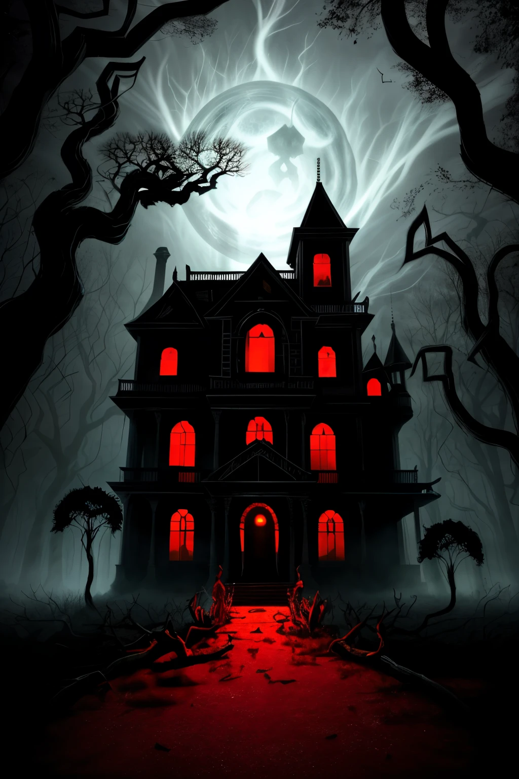 A hauntingly terrifying book cover emerges for a chilling horror novel, with a decaying Victorian mansion serving as the central focal point. This once majestic architectural masterpiece now stands as a silhouette against a backdrop of a blood-red sky at dusk, its grandeur tainted by decay and fear. The mansion's windows emit an unholy green glow, casting eerie shadows that pulse with an otherworldly energy, and the fog-like tendrils that curl around its foundations whisper tales of the macabre.

The foreground of this nightmarish scene is framed by a gnarled dead tree, its skeletal branches rustling o